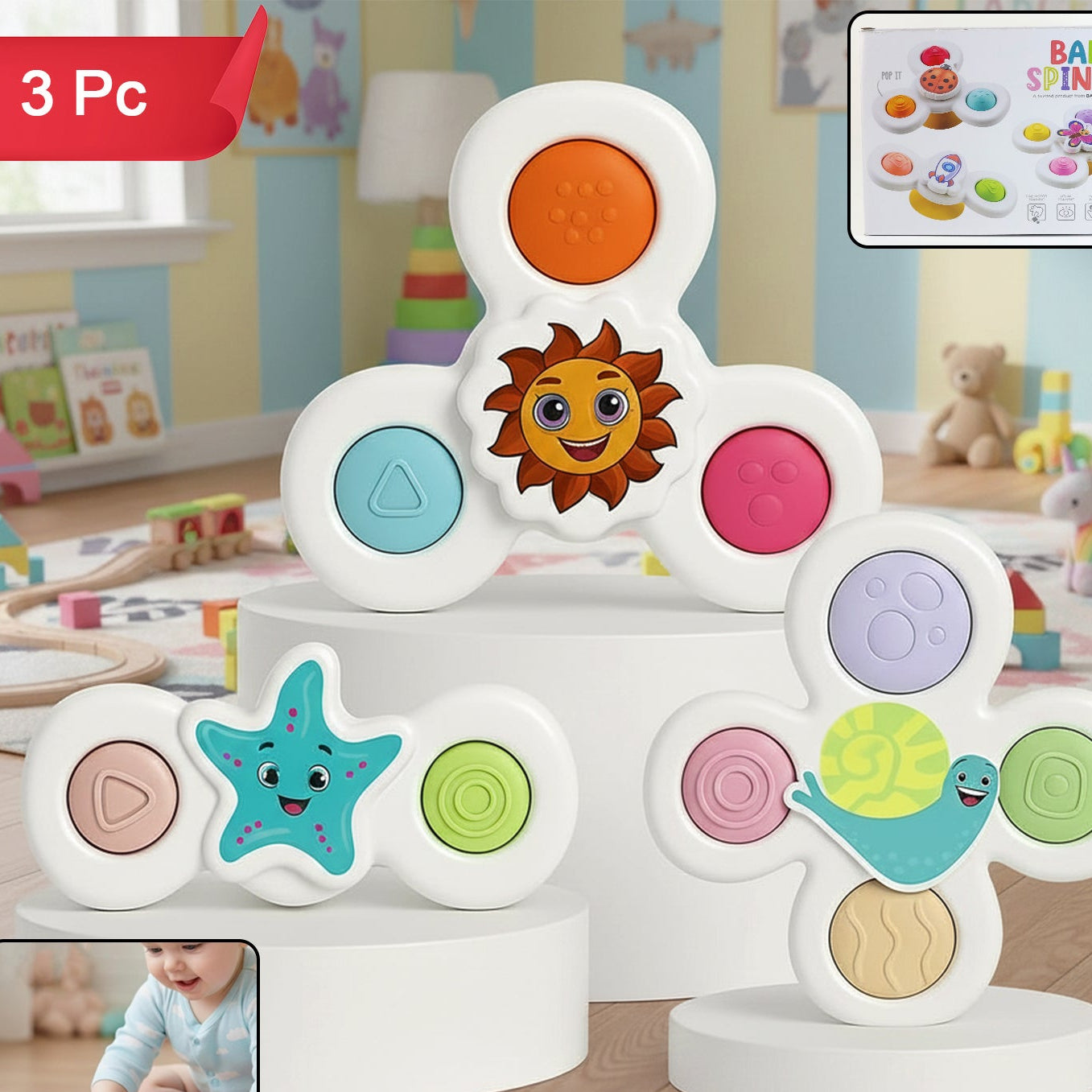 Baby Suction Spinner Toys - 3 Pc Sensory Play Set for Toddlers - Happy Price - Image 1