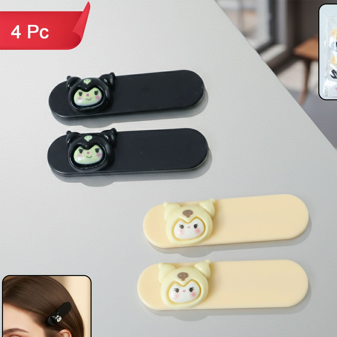Cute Cartoon Character Hair Clips Set - 4 Pc Snap Clips for Girls & Women - Happy Price - Image 1