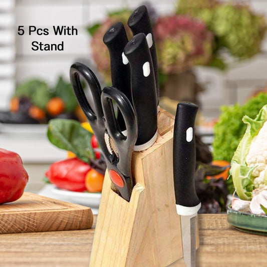 5-Piece Black Kitchen Knife Set with Wooden Block & Scissors - Happy Price - Image 1
