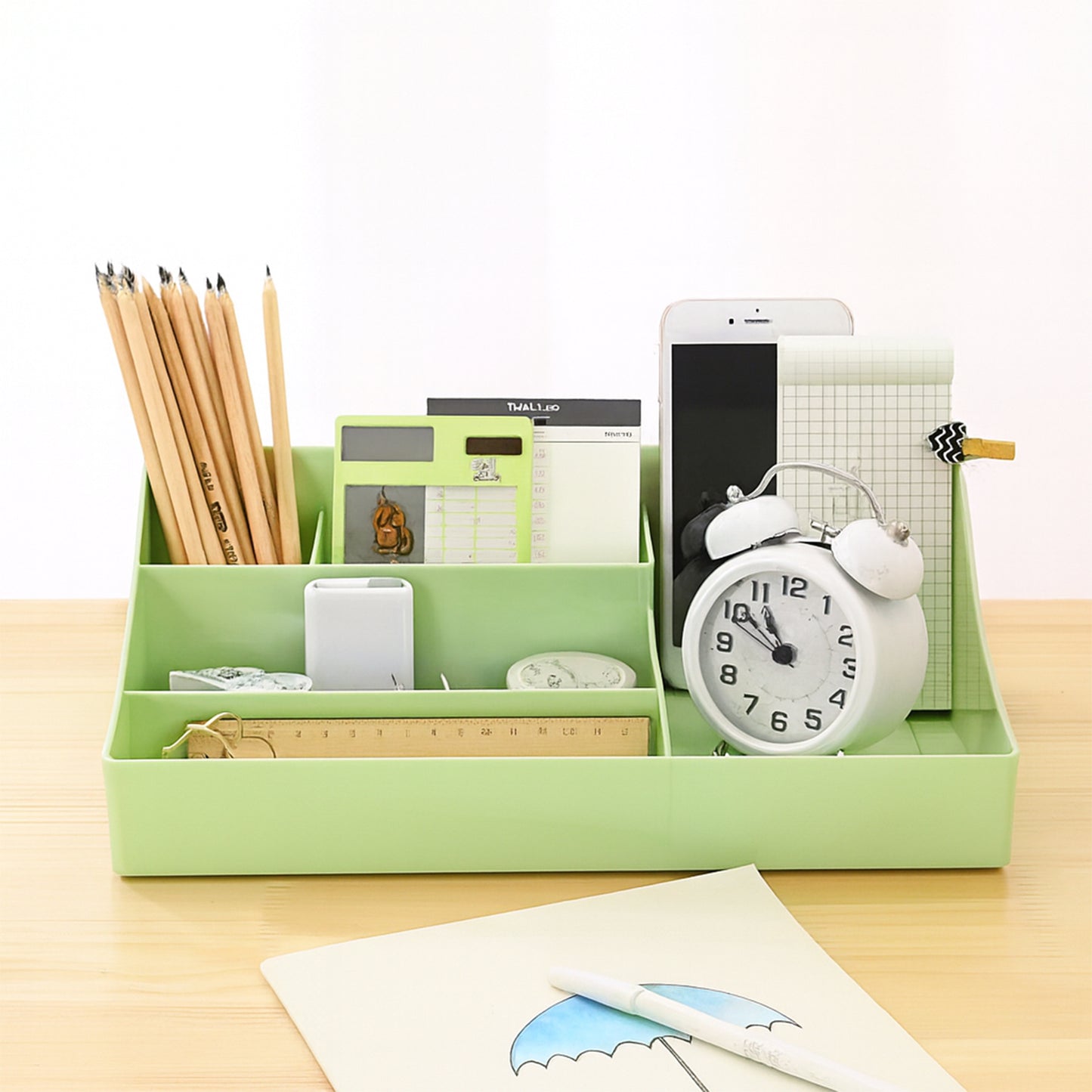 Multi-Compartment Desk Organizer Tray - Green Plastic Storage for Office & Study - Happy Price - Image 4