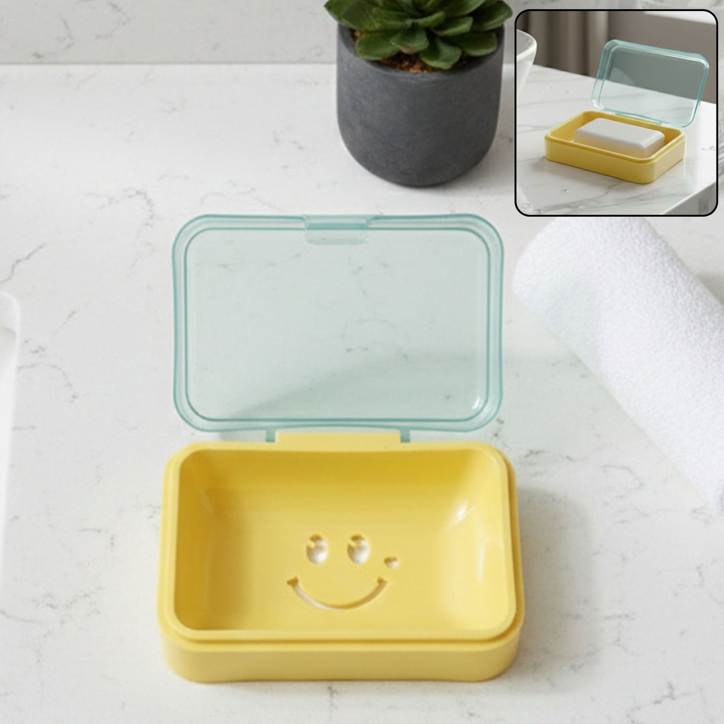 Smiley Face Plastic Soap Case with Flip Lid - Travel Soap Box with Drain Holes (1 Pc) - Happy Price - Image 2