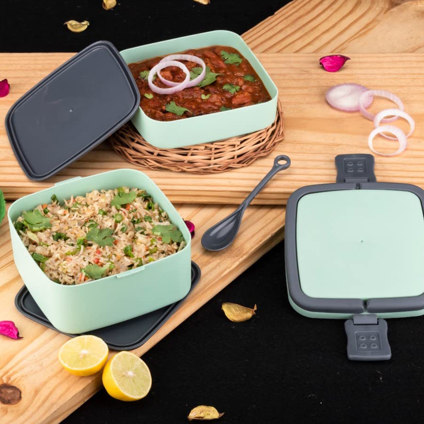 Green Double-layer Portable Lunch Box Stackable With Carrying Handle And Spoon Lunch Box - Happy Price - Image 5