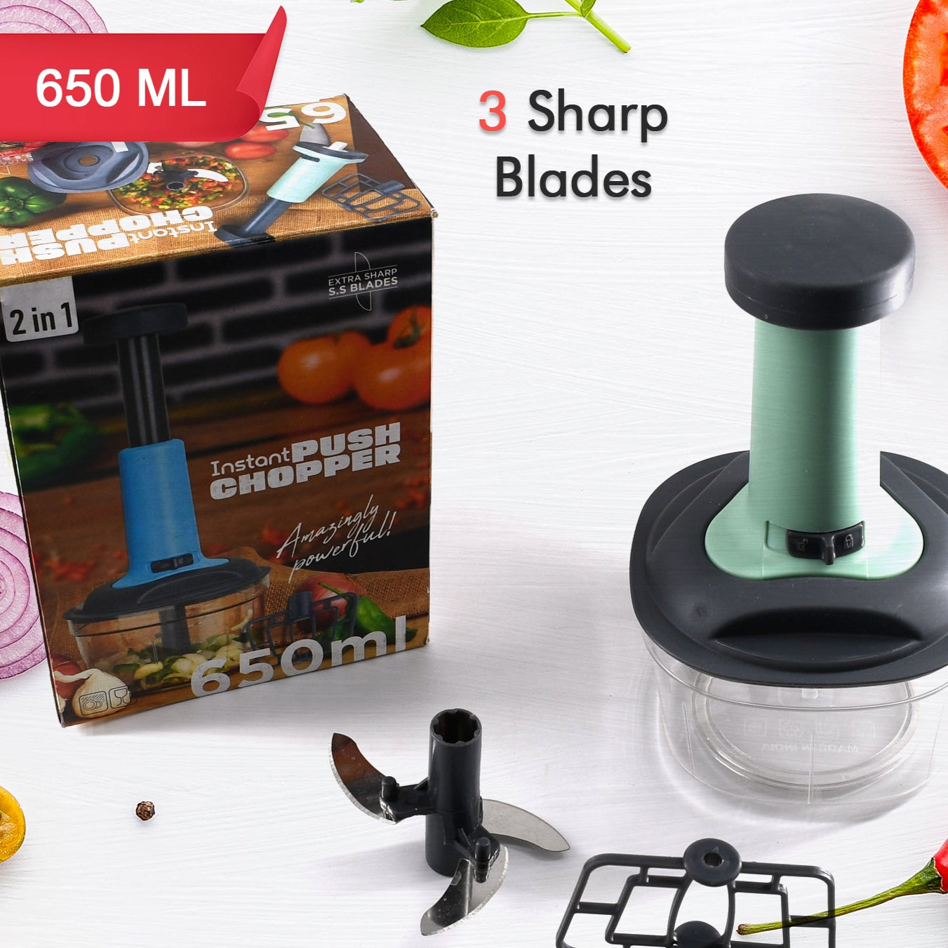 Push Chopper Manual Food Chopper And Hand Push Vegetable Chopper Cutter Mixer Set For Kitchen With 3 Stainless Steel Blade. - Happy Price - Image 1