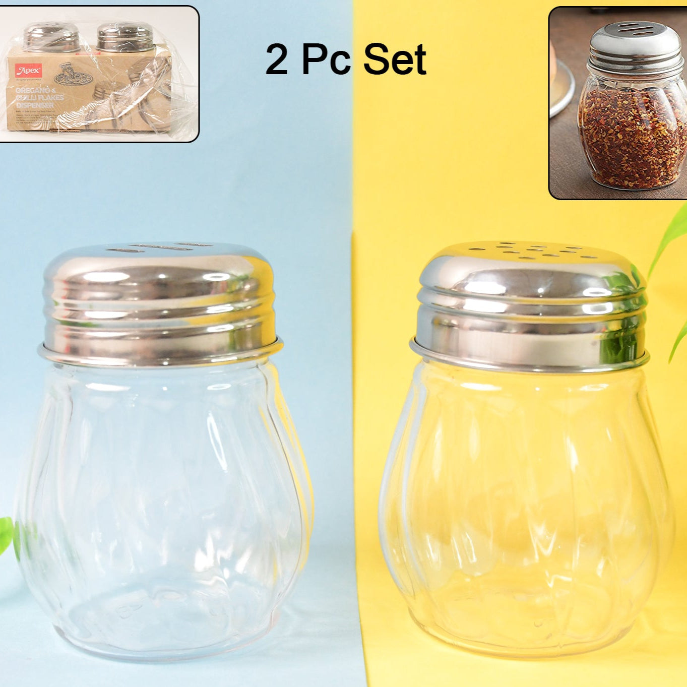 Apex Oregano  Chilli Flakes Dispenser Set  2 Pcs Glass Spice Shaker With Stainless Steel Lid - Happy Price - Image 1