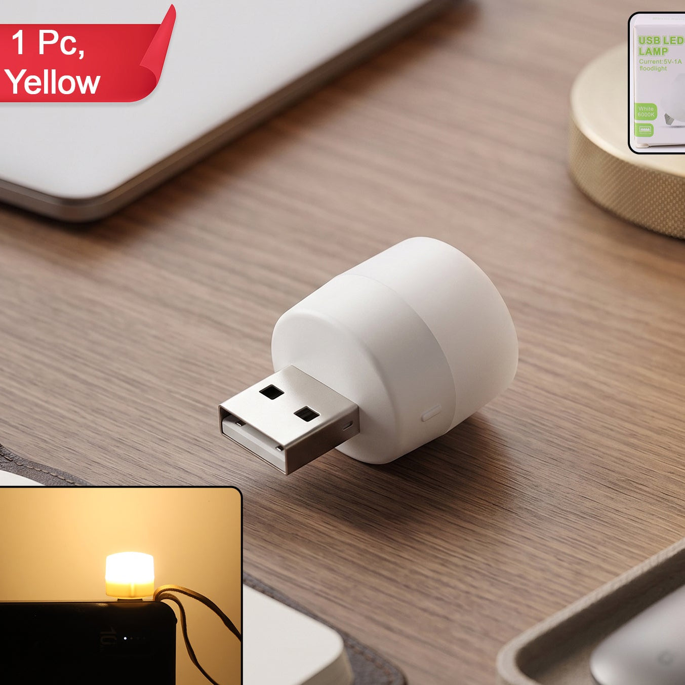 Yellow USB LED Night Light Plug - Compact & Portable (1 Pc) - Happy Price - Image 1