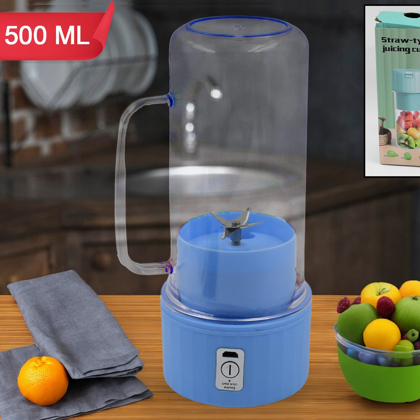 Portable USB Rechargeable Juicer Blender, 500ml Capacity, 6 Steel Blades, with Handle & Straw - Happy Price - Image 1