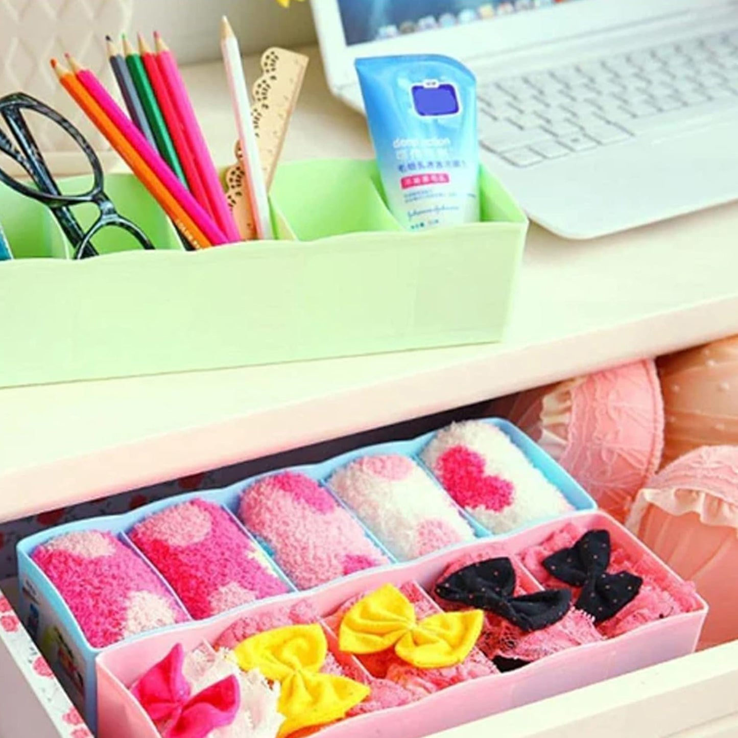 Multi-function Desktop Drawer Storage Box Clothing Organizer 5 Grid Storage Box Underwear Socks Ties Organizer Box (4 Pc Set) - Happy Price - Image 3