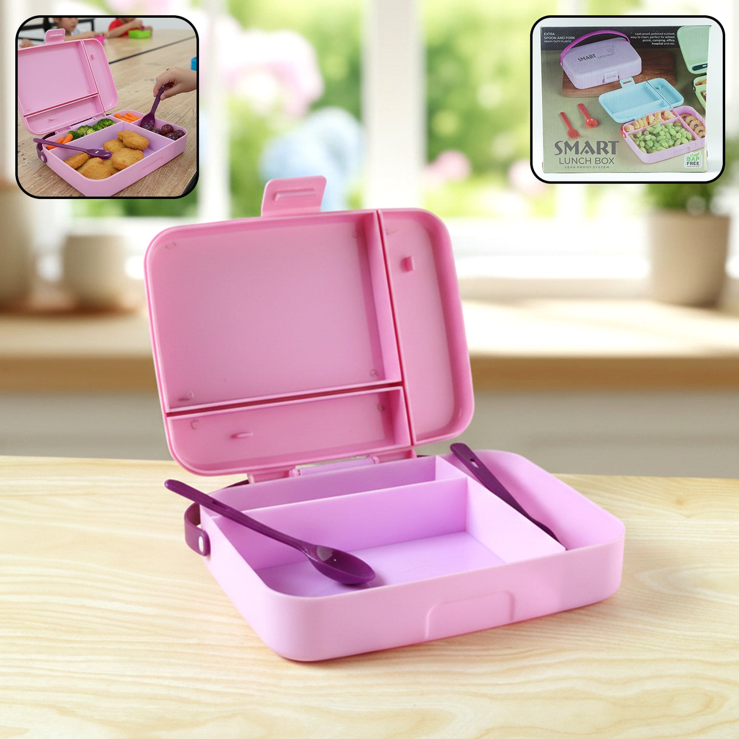 Leak-Proof 3-Compartment Lunch Box with Spoon Set - 1 Set - Happy Price - Image 2