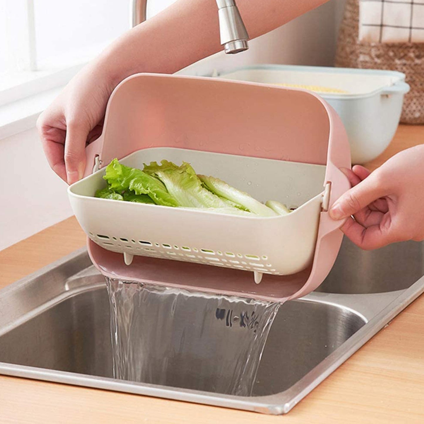 Multifunctional Bpa Free Double Layered Plastic Rotatable Strainer Bowl With Handles For Washing Rinsing Serving Vegetables  Fruits (Multicolor) - Happy Price - Image 2