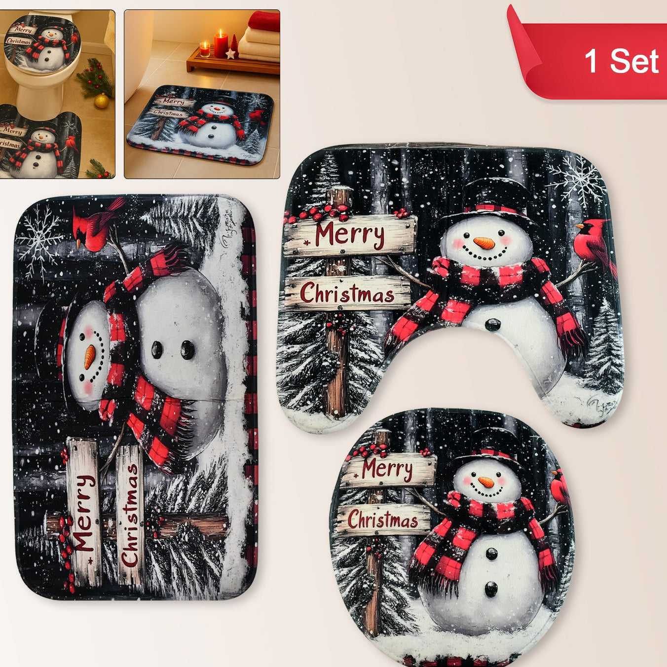 3-Piece Christmas Snowman Bathroom Mat Set - Non-Slip Microfiber Bath Rug, U-Shape Mat & Toilet Lid Cover - Happy Price - Image 1