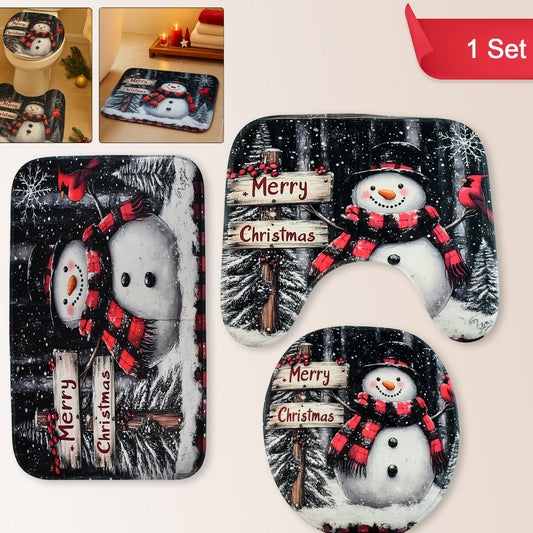 3-Piece Christmas Snowman Bathroom Mat Set - Non-Slip Microfiber Bath Rug, U-Shape Mat & Toilet Lid Cover - Happy Price - Image 1
