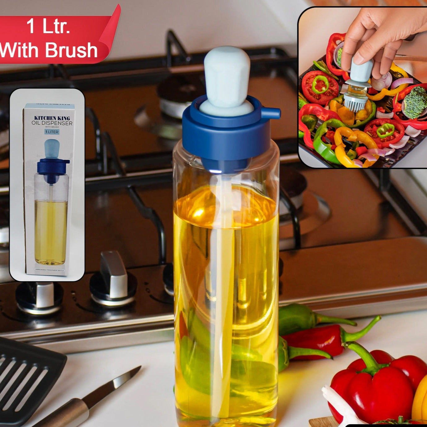 2 In 1 Transparent Oilar Dispenser With Silicone Oil Dropper Nozzle (1 Pc  With Brush  1 Ltr.) - Happy Price - Image 1