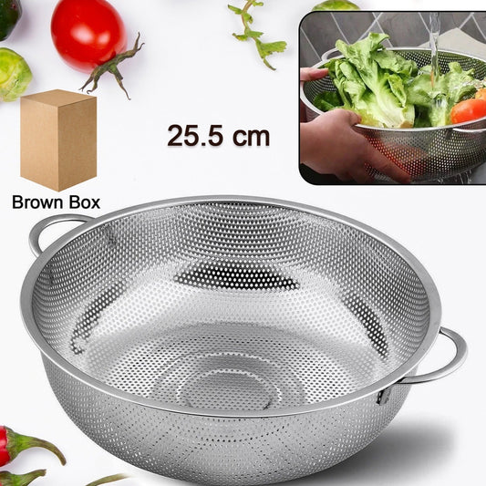 Stainless Steel Colander With Handle Large Metal Mesh Basket Strainer For Pasta Spaghetti Berry Veggies Fruits  Kitchen Food Colander Dishwasher Safe (1 Pc  25.5 Cm) - Happy Price - Image 1
