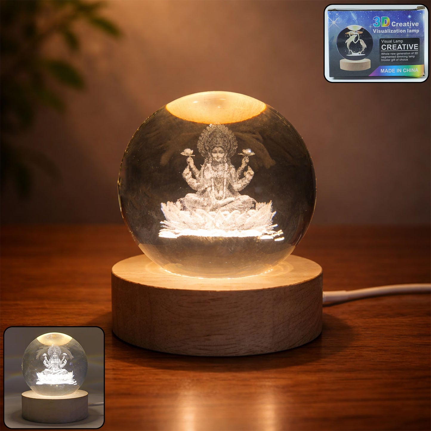 3D Crystal Lakshmi Ball LED Lamp with Wooden Base - Spiritual Decor Light - Happy Price - Image 2