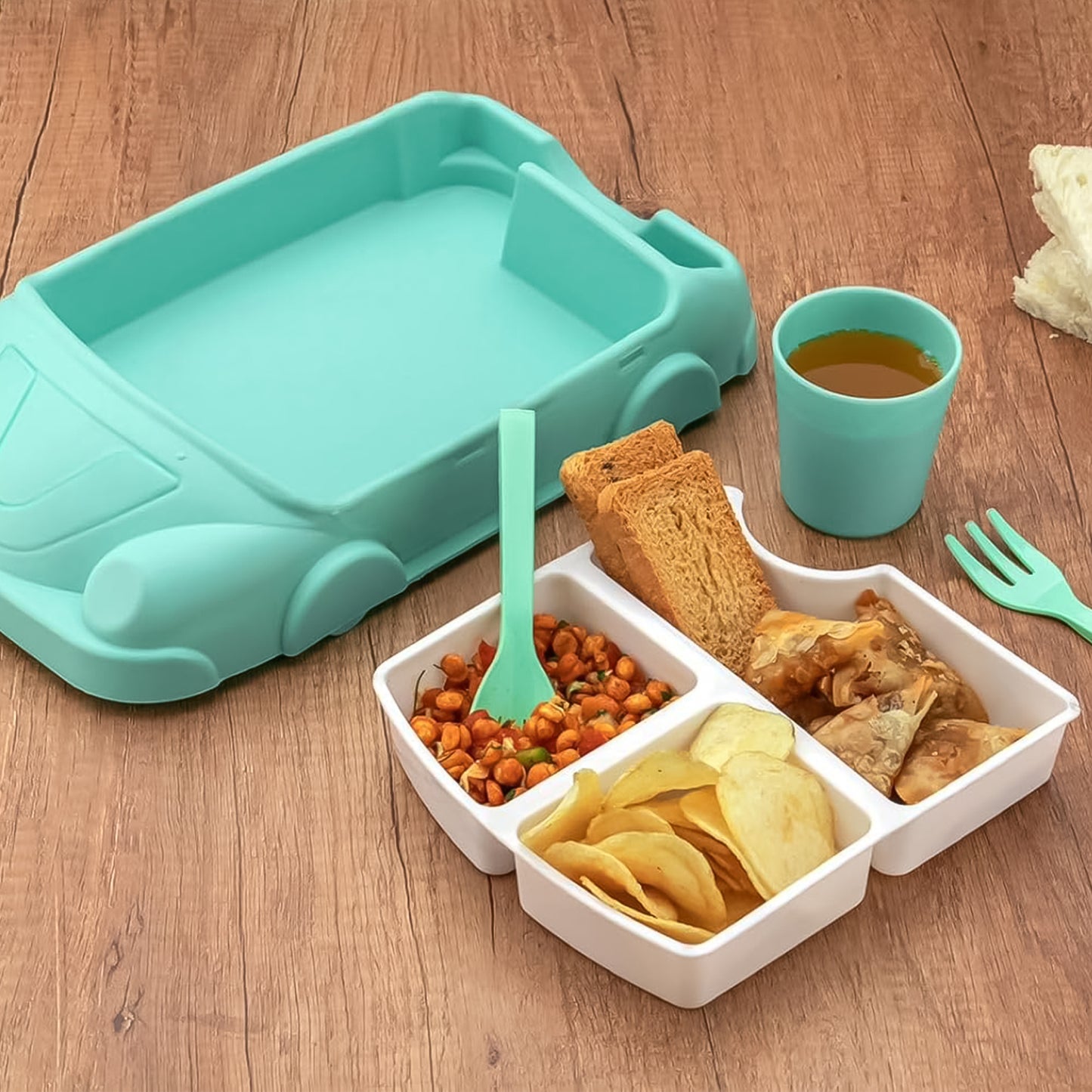 Kids Car Shaped Plates Cup  Lunch Box Dinnerware Set (4 Pcs Set  1000 Ml Lunch Box) - Happy Price - Image 4