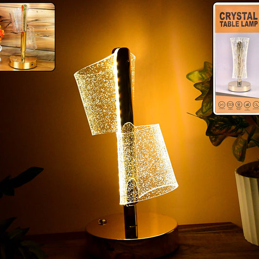 Elegant Crystal Double Shade LED Table Lamp with Golden Base (1 Pc) - Happy Price - Image 1