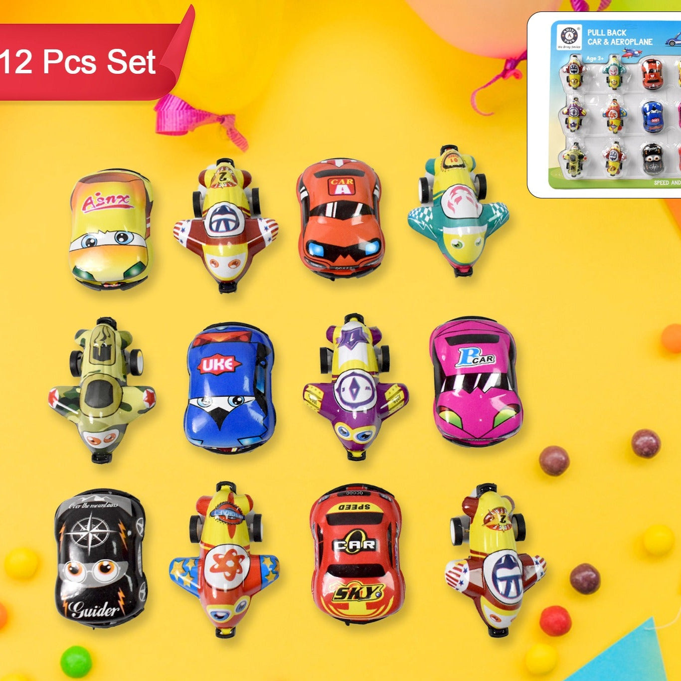 Mini Pull Back Car  Aeroplane Pvc Plastic Pull Back Car Cartoon Toys (12 Pcs Set) - Happy Price - Image 1