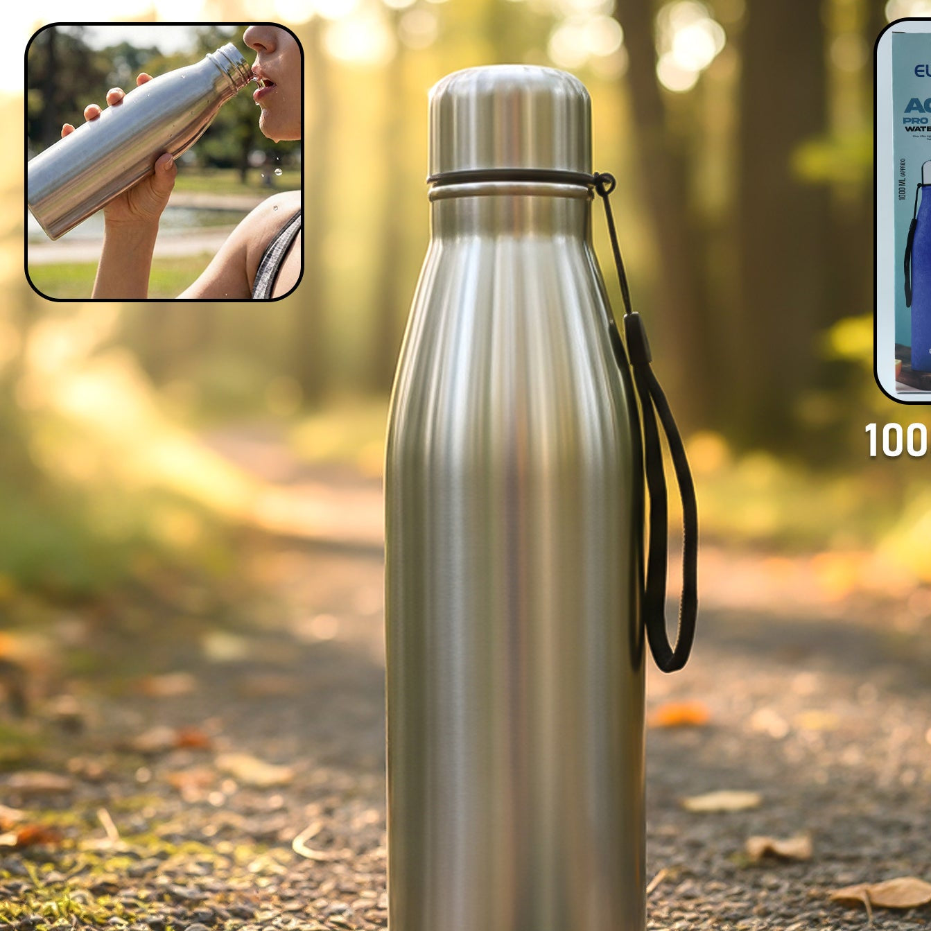 1000 ML Stainless Steel Water Bottle - Leakproof, with Strap (1 Pc) - Happy Price - Image 1