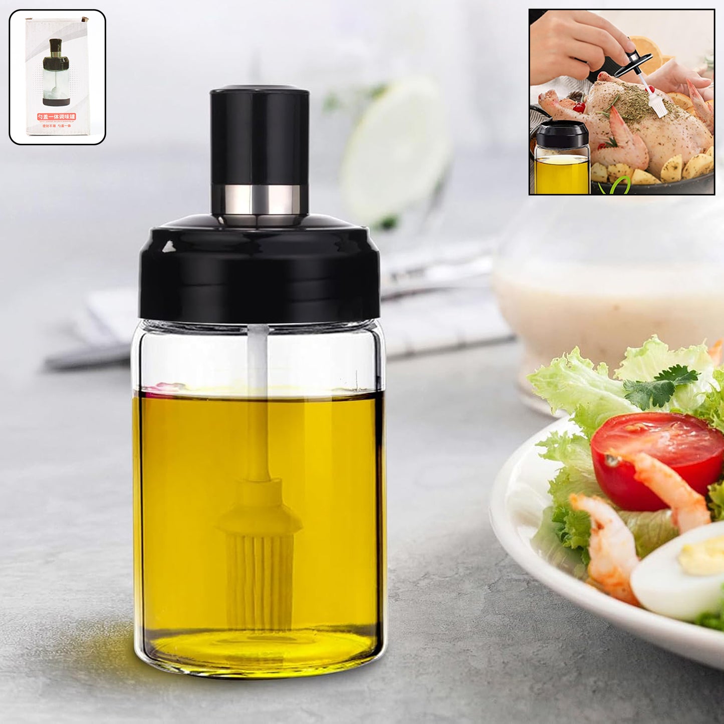 Glass Oil Dispenser Bottle with Built-in Silicone Brush (250ml) - Happy Price - Image 2