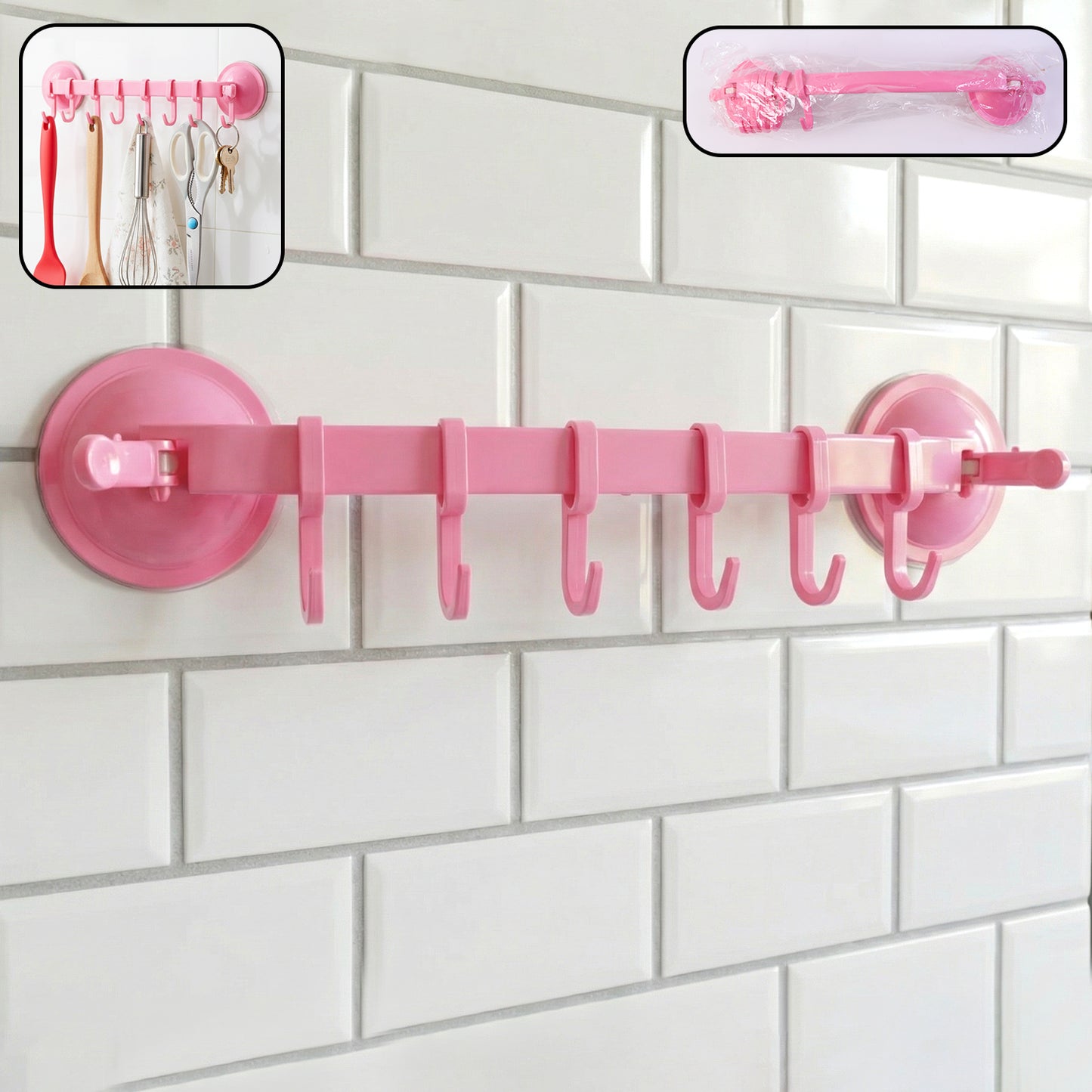 Plastic Wall Hook Rack with 6 Hooks - No-Drill Suction Mount Organizer (1 Pc) - Happy Price - Image 2