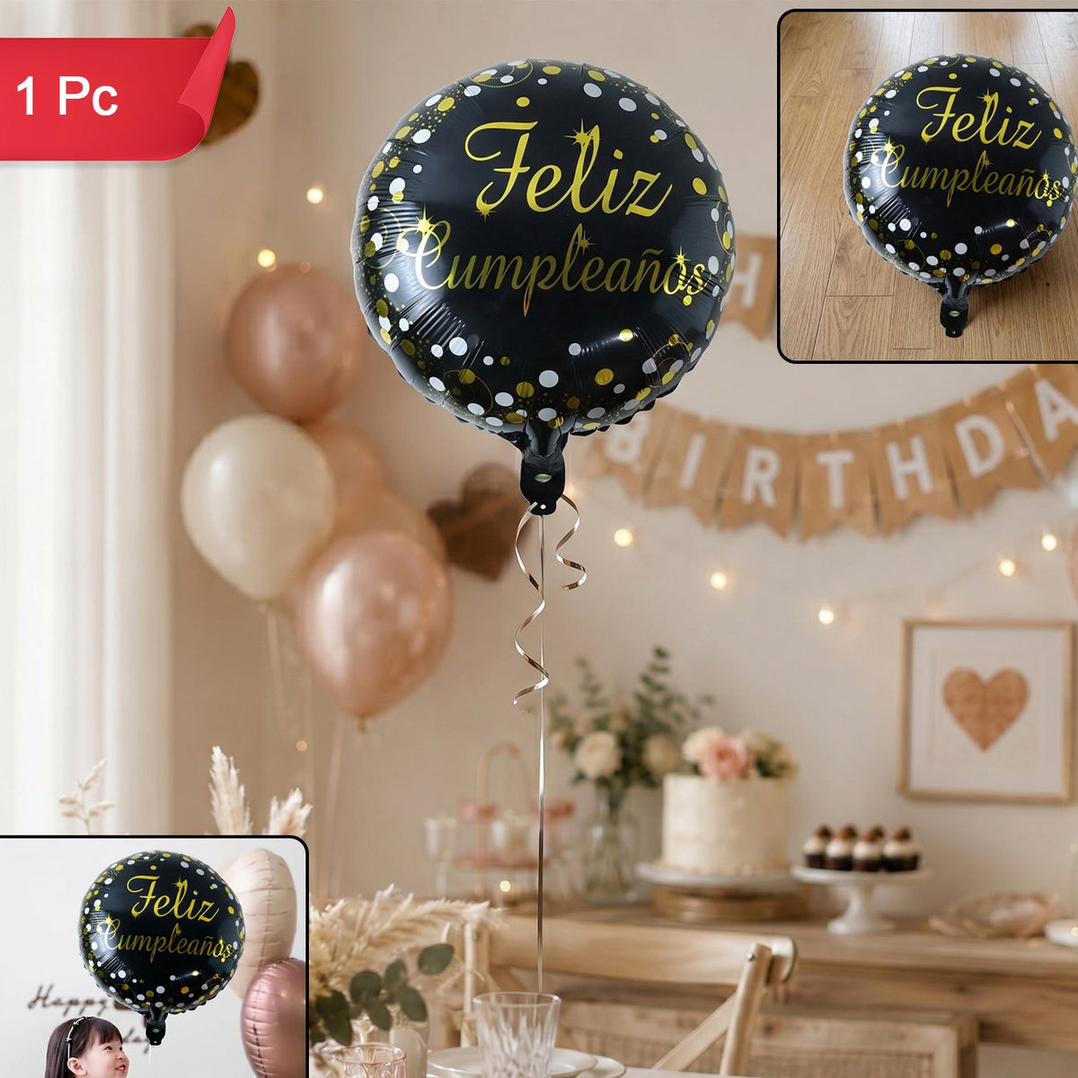 Black Round Feliz Cumpleanos Foil Balloon For Birthday Decor (1 Pc)