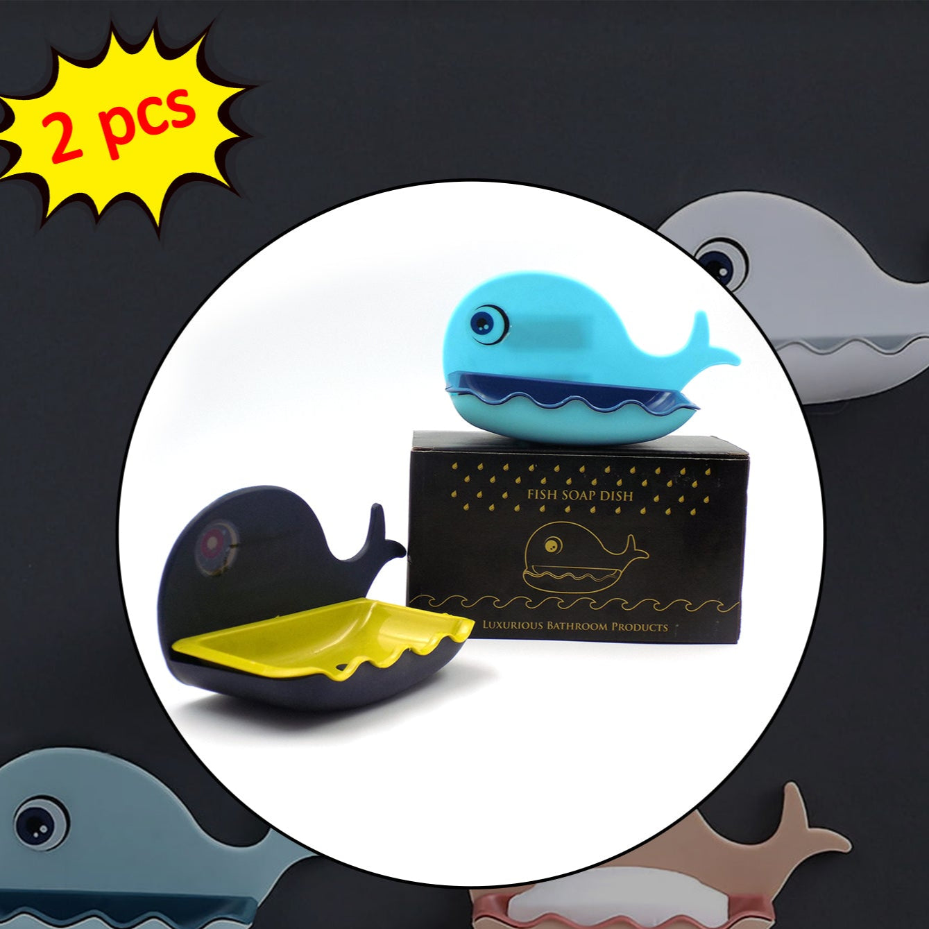 Fish Shape Soap Dish Adhesive Waterproof Wall Mounted Bar Soap Dish Holder  (Pack Of 2pc) - Happy Price - Image 1
