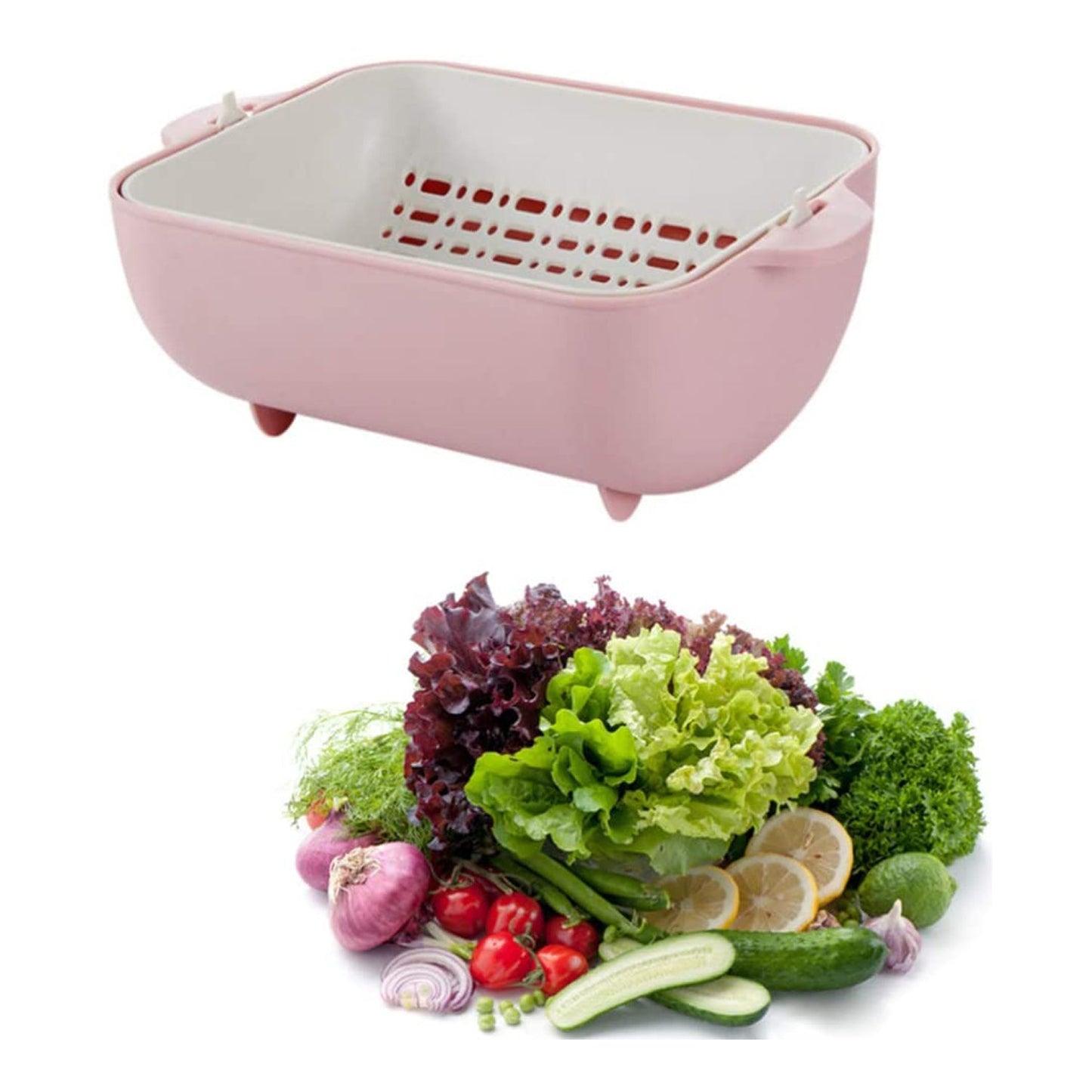 Multifunctional Bpa Free Double Layered Plastic Rotatable Strainer Bowl With Handles For Washing Rinsing Serving Vegetables  Fruits (Multicolor) - Happy Price - Image 6