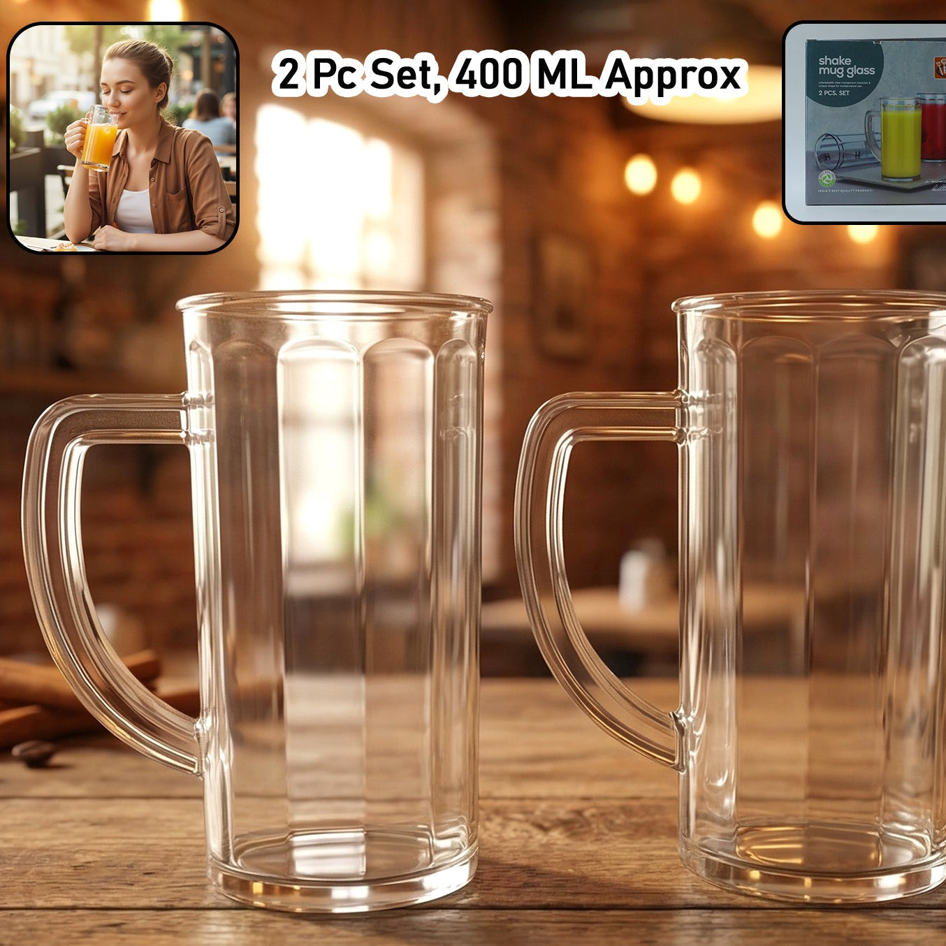 Prexo Plastic Shake Mug Glass With Handle (2 Pc Set 400 Ml Approx)
