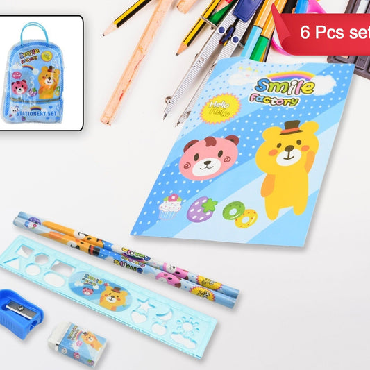 Stationery Kit For Kids - Stationery Set Includes Wooden Pencil Sharpener Pencil And Eraser Set Birthday Return Gift For Kids Boys Girls 2 Pencil 1 Scale 1 Notebook1 Sharpener 1 Eraser  With Zip Bag (6 Pcs Set) - Happy Price - Image 1