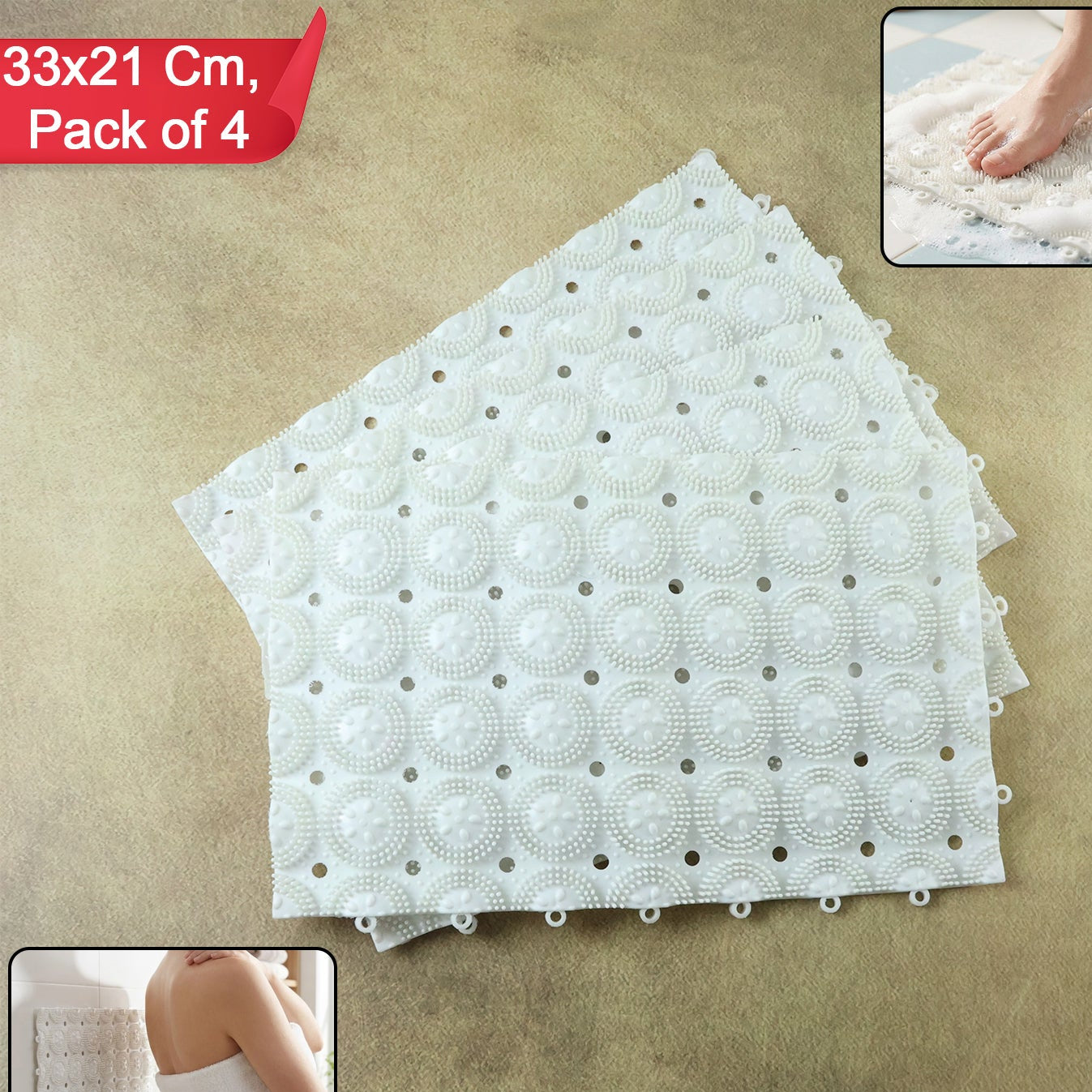 Anti-Slip Bathroom Massage Mat with Suction Cups - 4 Pc Set (33 x 21 cm) - Happy Price - Image 1