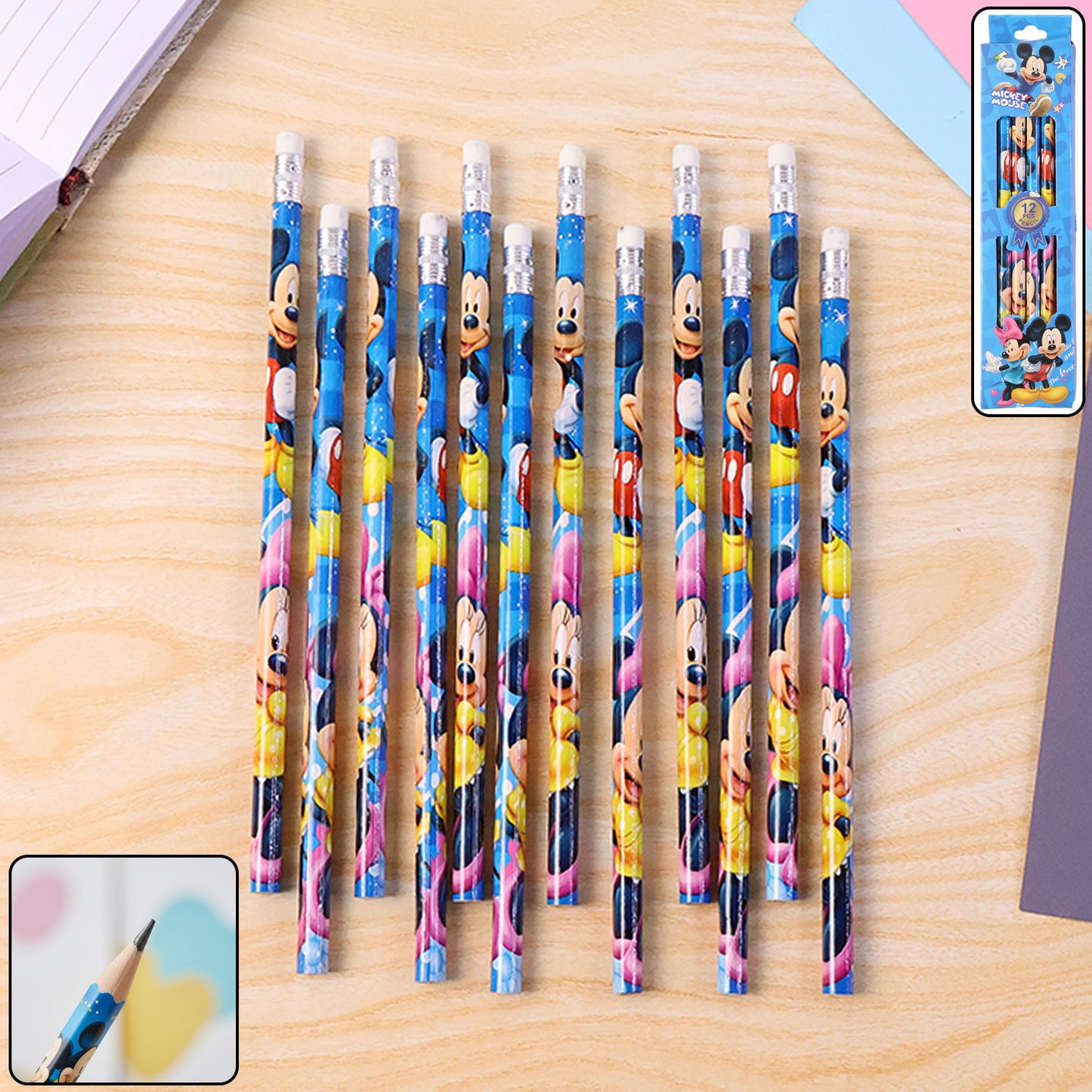 12 Pencils with Cartoon Prints & Eraser Tips - Kids' Stationery Set - Happy Price - Image 2