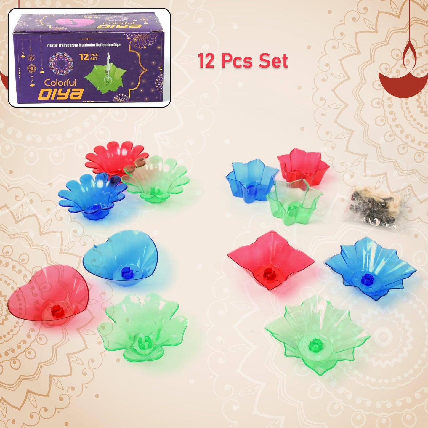 Colourful Reflection Diya Set - 12 Pcs Plastic Candle Holders - Happy Price - Image 2