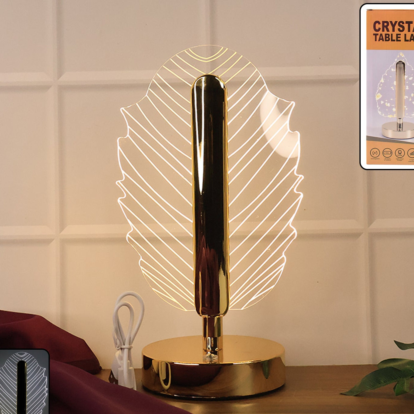 Leaf Shape Crystal Table Lamp with USB Charging (1 Pc) - Happy Price - Image 1