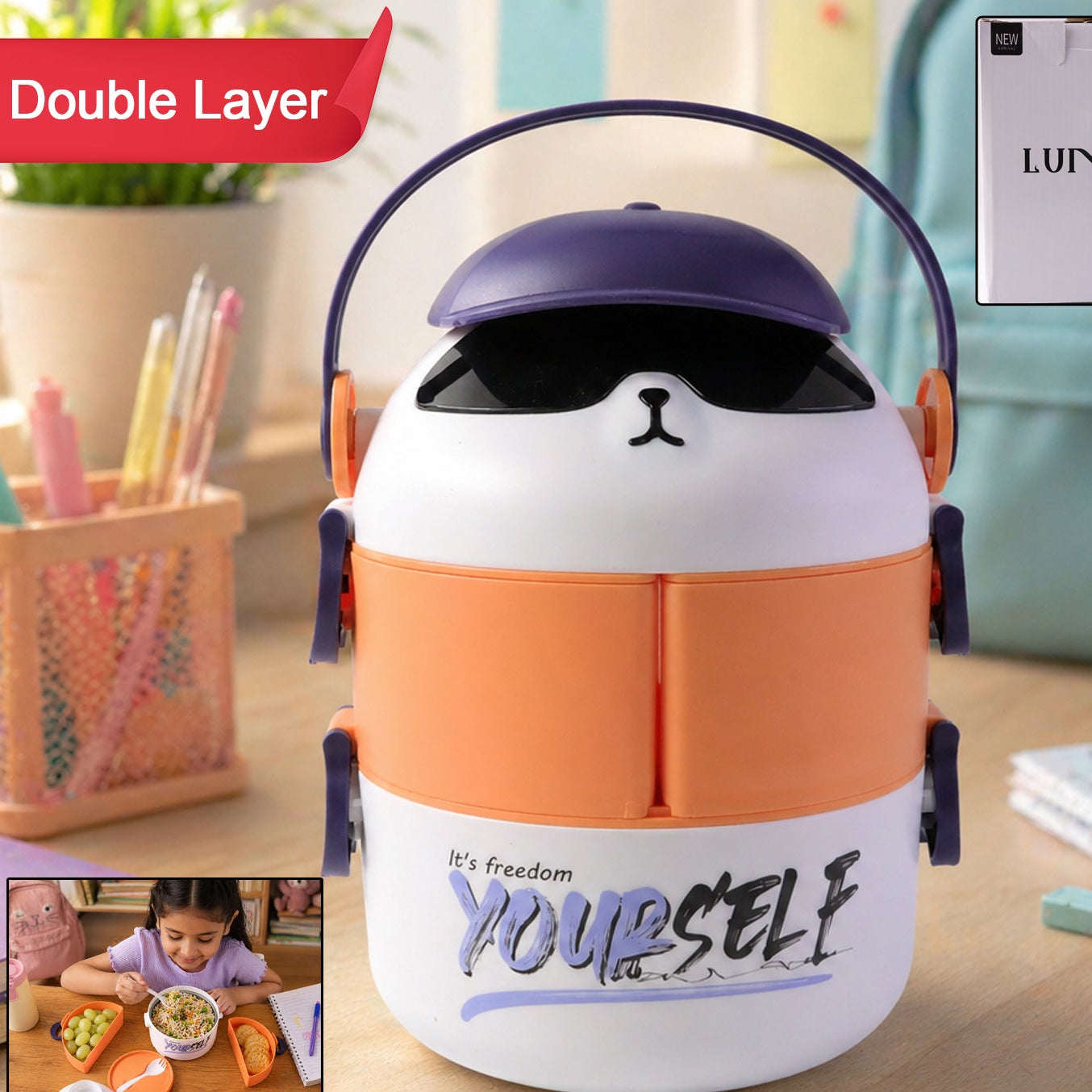 Cute Cartoon Double Layer Lunch Box (1 Pc)