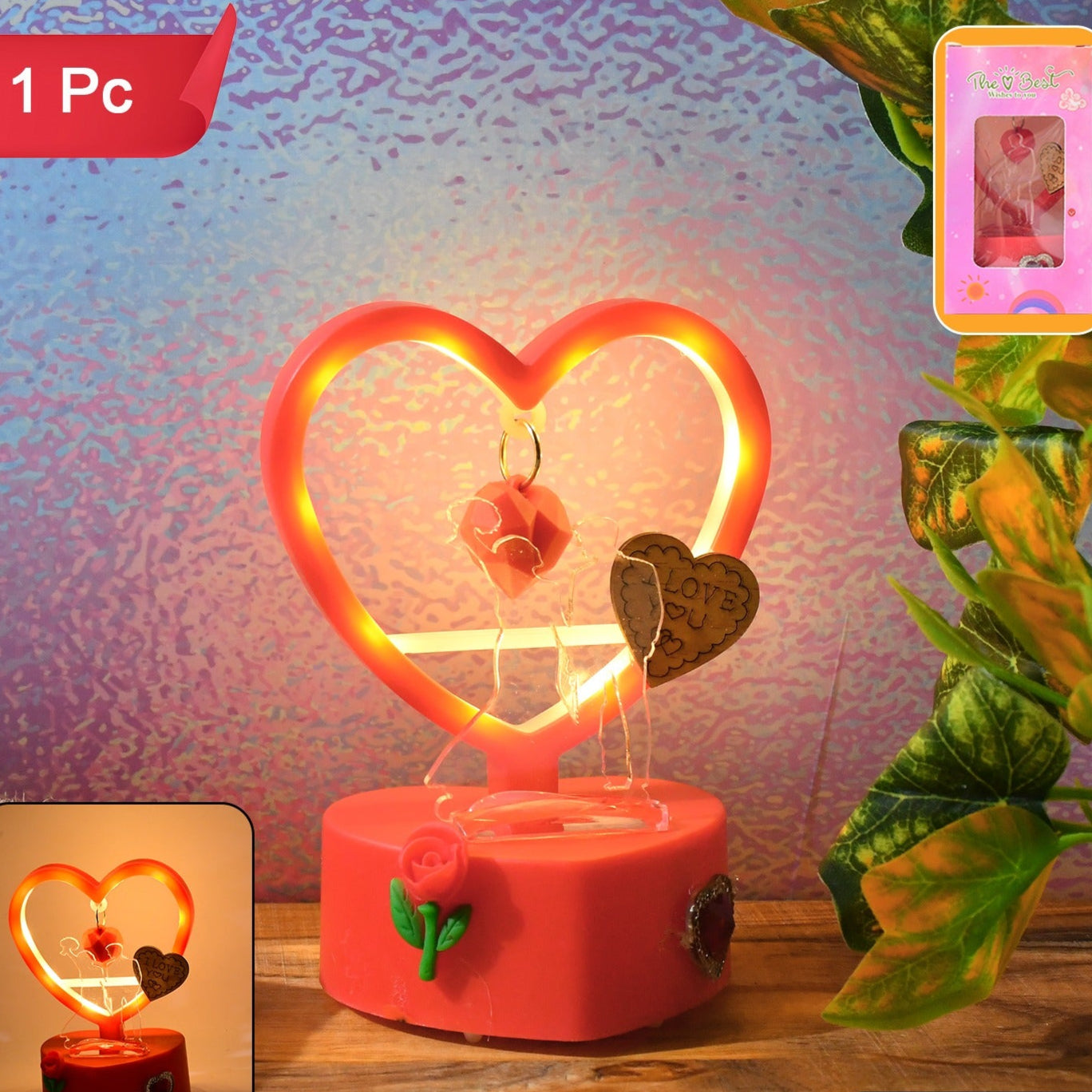 Romantic Heart LED Light Showpiece with Hanging Hearts & Rose - 1 Pc