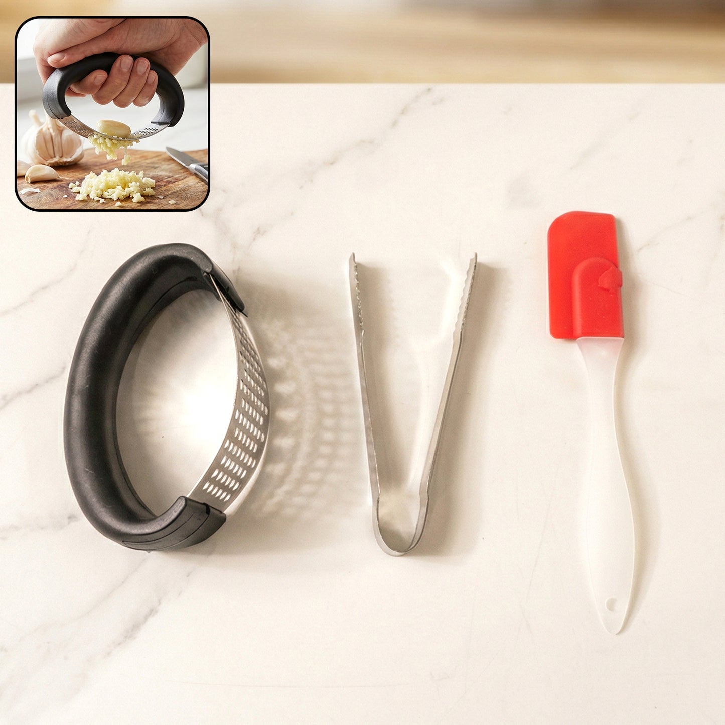3-in-1 Kitchen Gadget Set: Garlic Press, Tongs & Spatula - Happy Price - Image 2