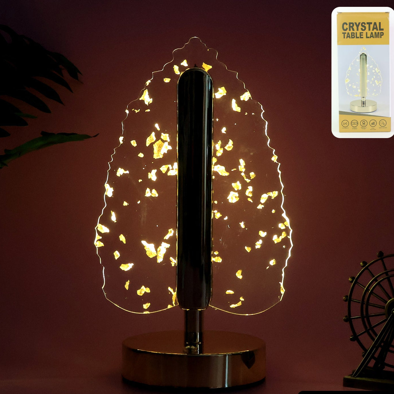 Golden Crystal Leaf LED Table Lamp with USB Charging - 1 Pc - Happy Price - Image 1