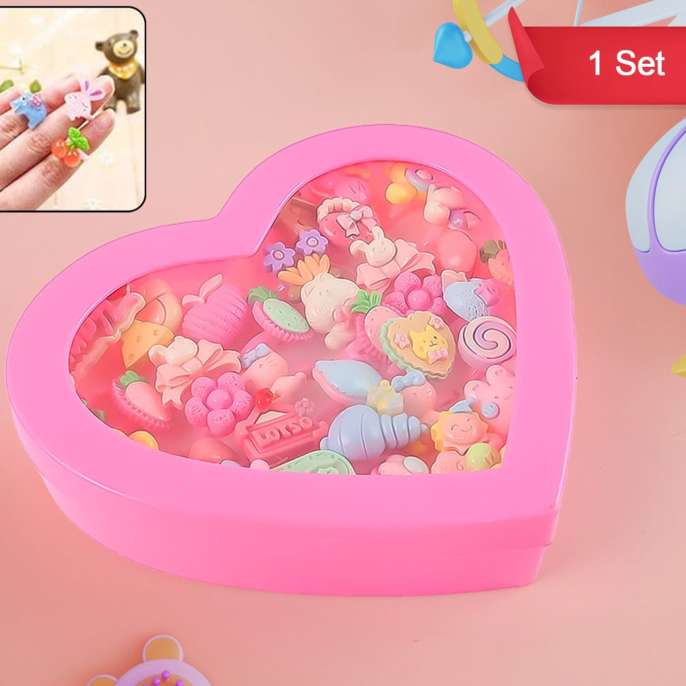 35-Piece Assorted Decorative Rings for Kids – Playful Designs in Heart-Shaped Storage Box - Happy Price - Image 1