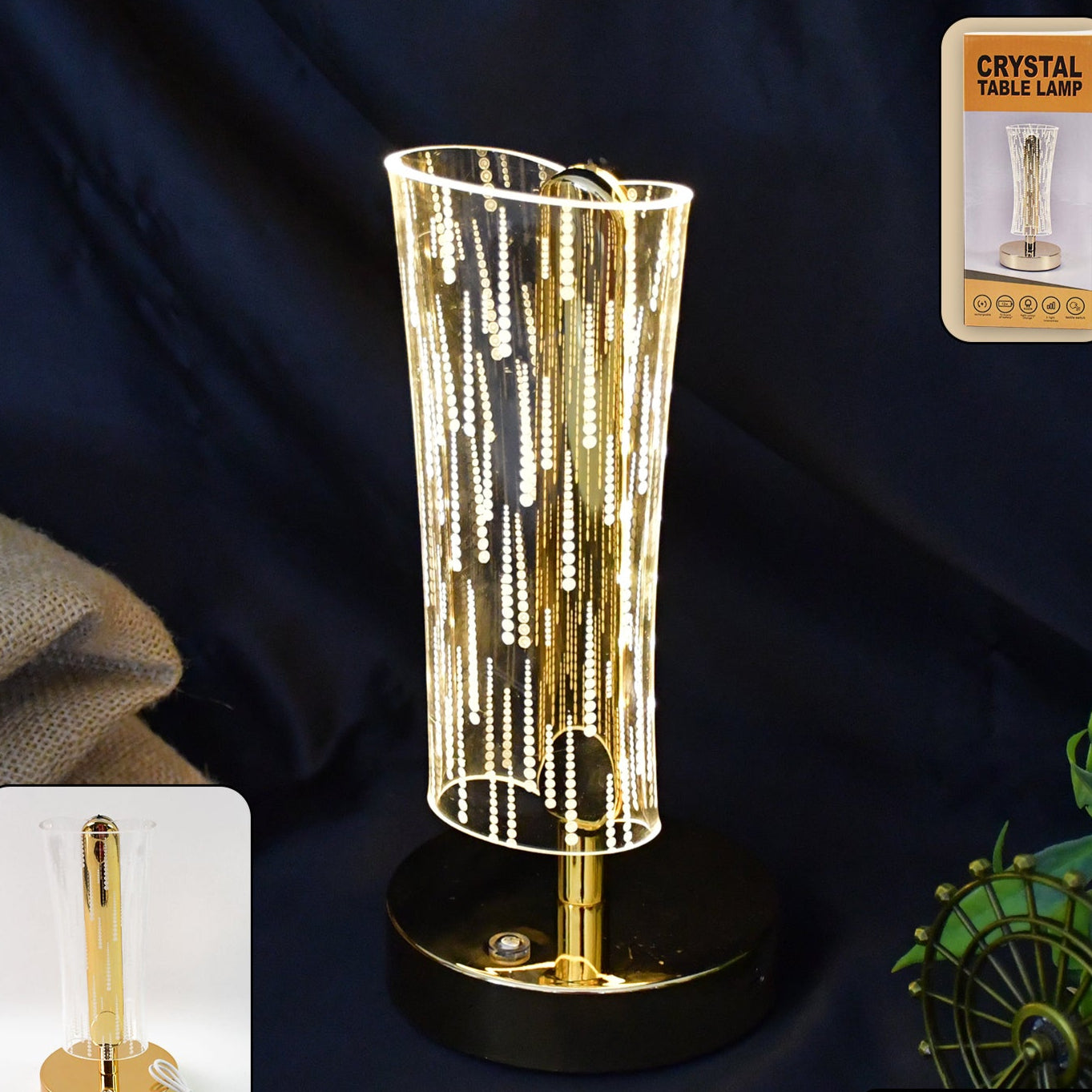Crystal LED Table Lamp with Golden Base - USB Rechargeable Decorative Light (1 Pc) - Happy Price - Image 1