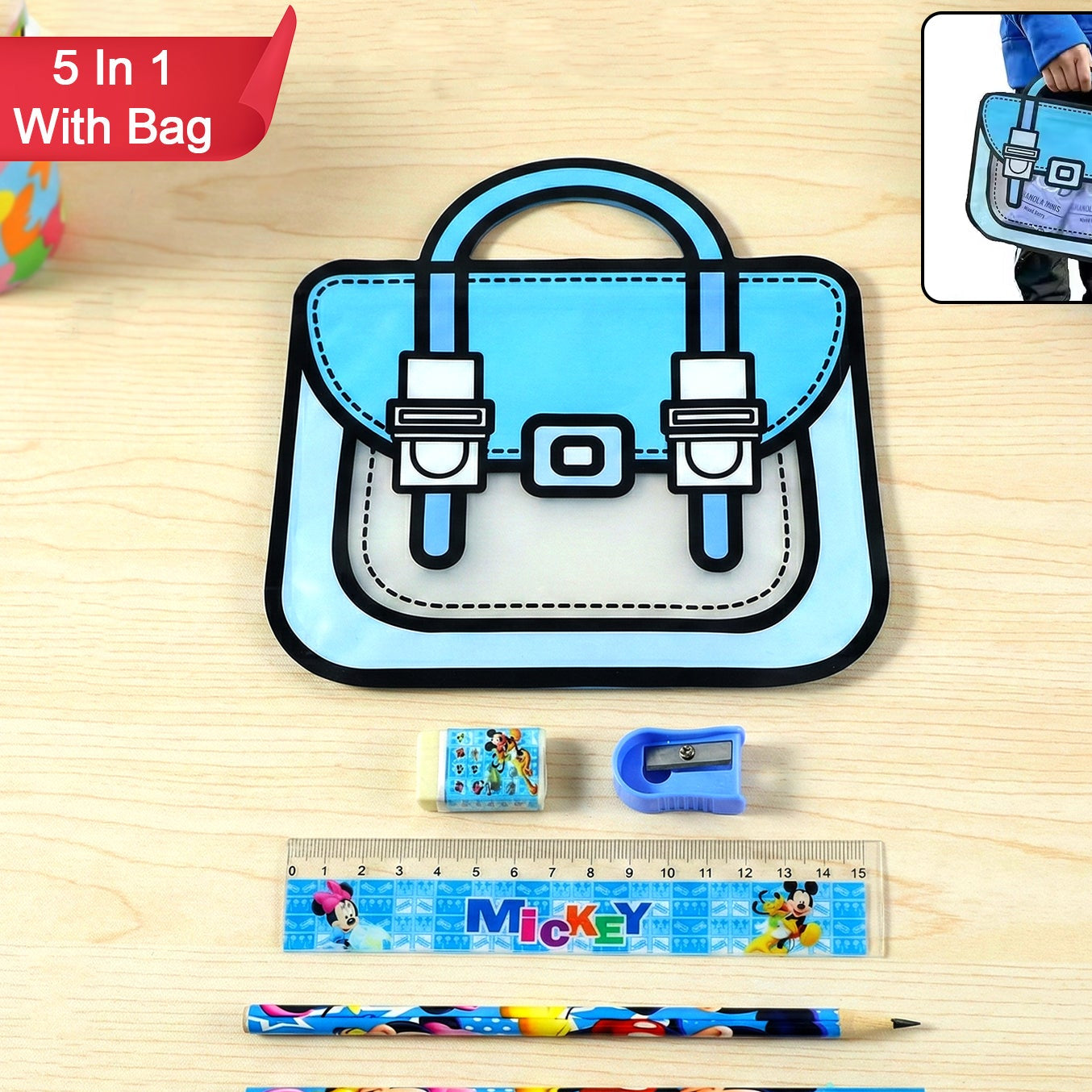 Kids 5 In 1 Stationery Kit With Cartoon Style Carry Bag