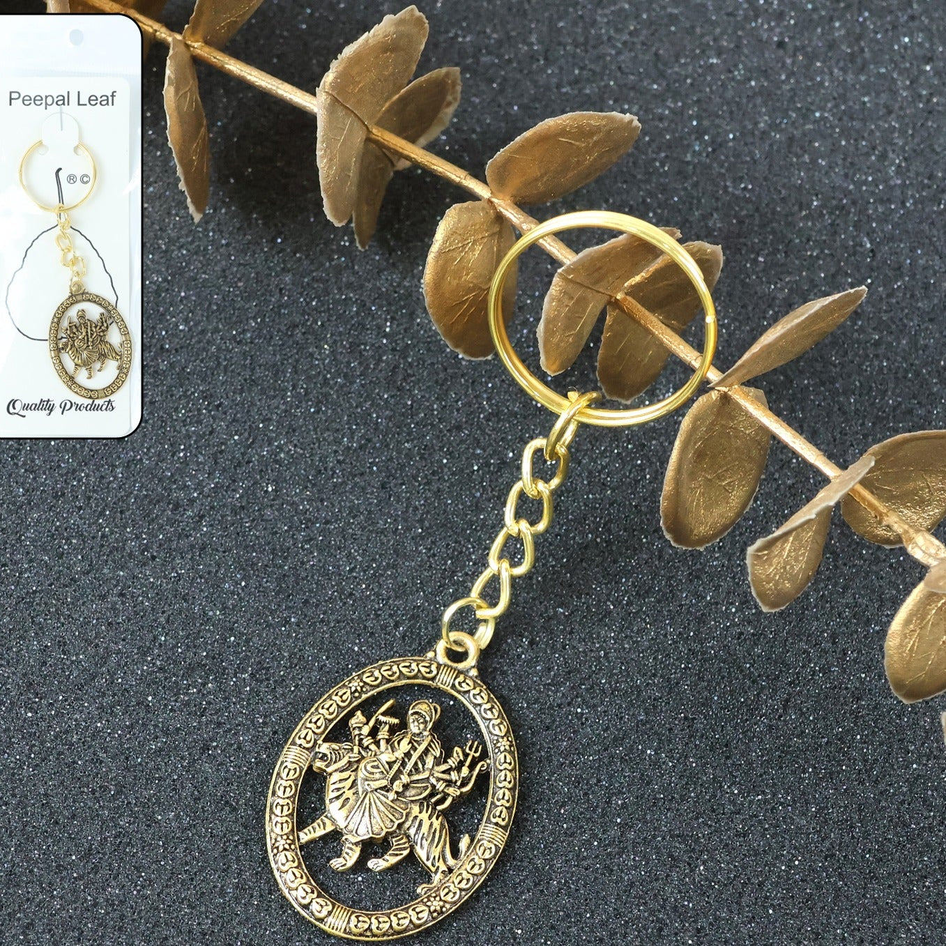 Maa Durga Oval Frame Golden Metal Keychain (1 Pc) - Happy Price - Image 1