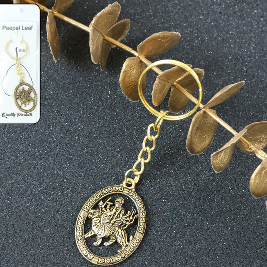 Maa Durga Oval Frame Golden Metal Keychain (1 Pc) - Happy Price - Image 1