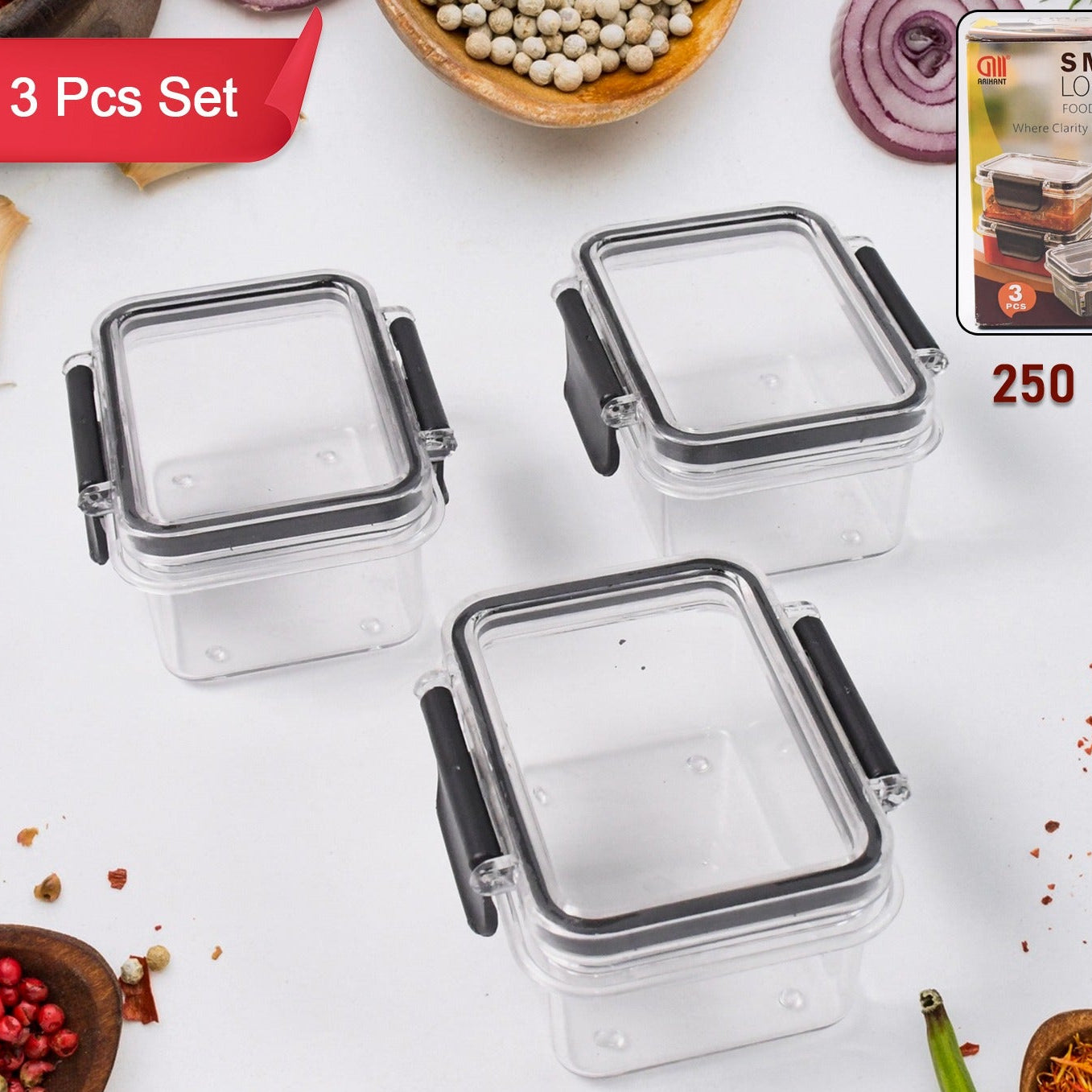 3 Piece Airtight Kitchen Storage Container Set - 250 ML Each - Happy Price - Image 1