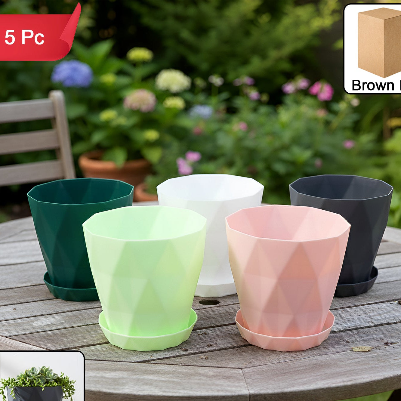 Diamond Design Plastic Flower Pot Set with Drain Tray (5 Pc) - Happy Price - Image 1