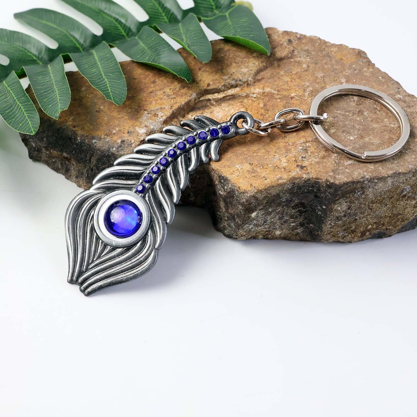 Metal Peacock Feather Keychain with Blue Gem Accent - 1 Pc - Happy Price - Image 3