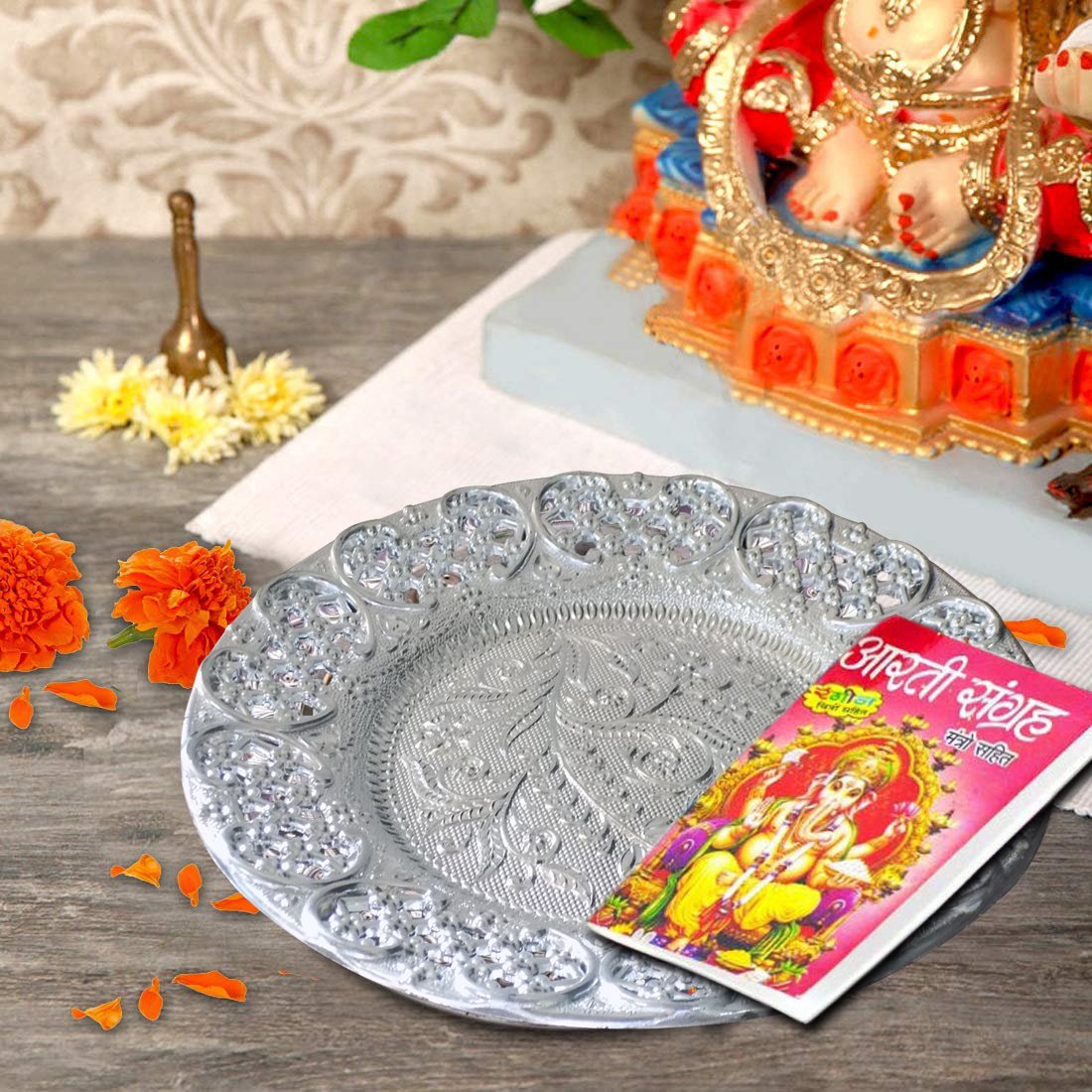 silver-plated-swastik-pooja-thali-set-glossy-puja-thali - Happy Price - Image 2