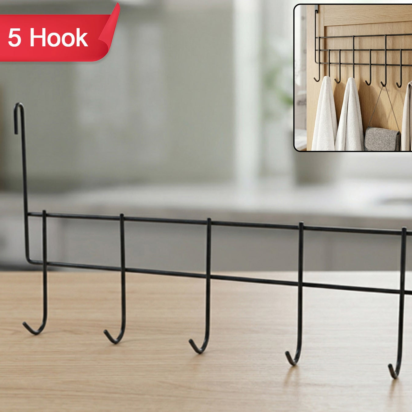 Premium Over The Door Metal 5 Hook Rack 1 Pc