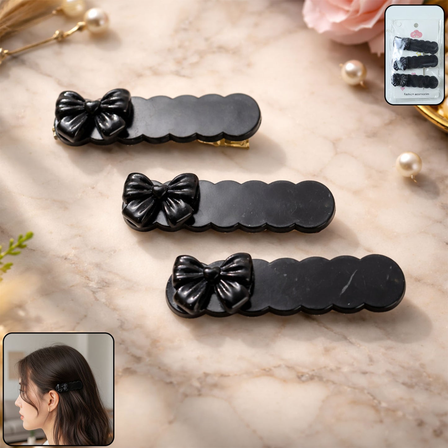 Black Bow Hair Clips for Women & Girls - Pack of 3 Snap Style - Happy Price - Image 2