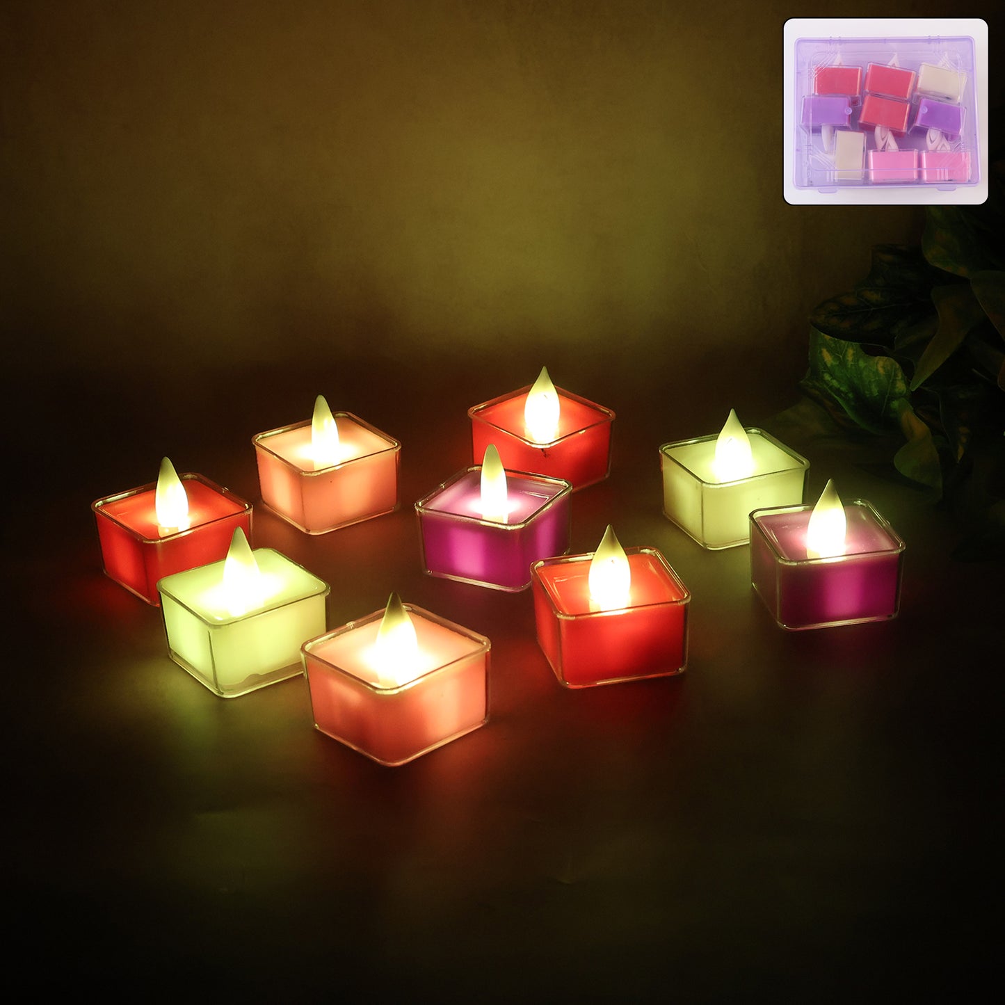 LED Flameless Tealight Candles - 9 Pc Set with Multicolor Square Holders - Happy Price - Image 6