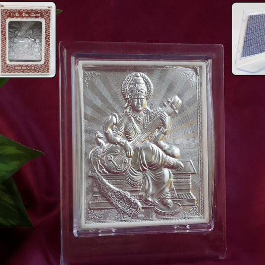 Silver Saraswati Maa Photo Frame with Stand - 1 Pc - Happy Price - Image 1